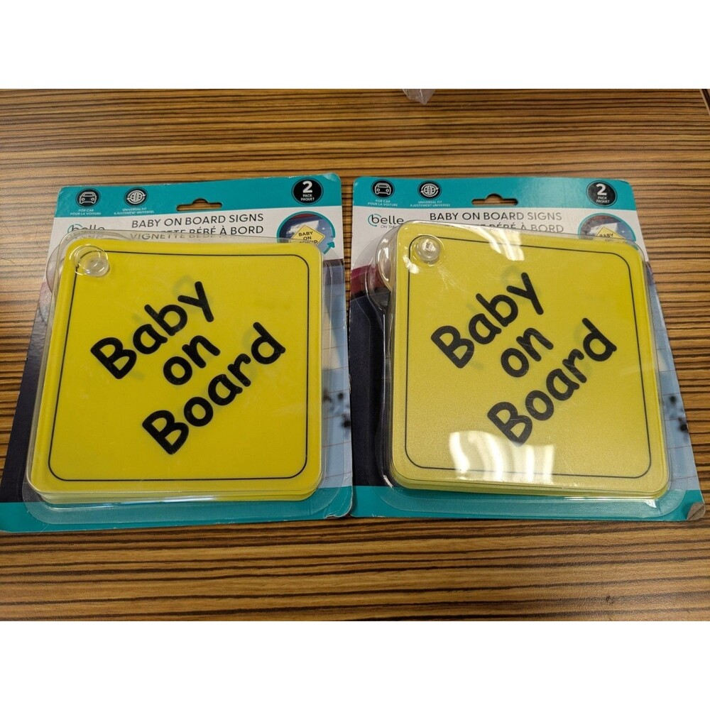 NEW (4 Pack) Belle Baby On Board Signs 2 Pack Car Window Suction Cup Yellow
